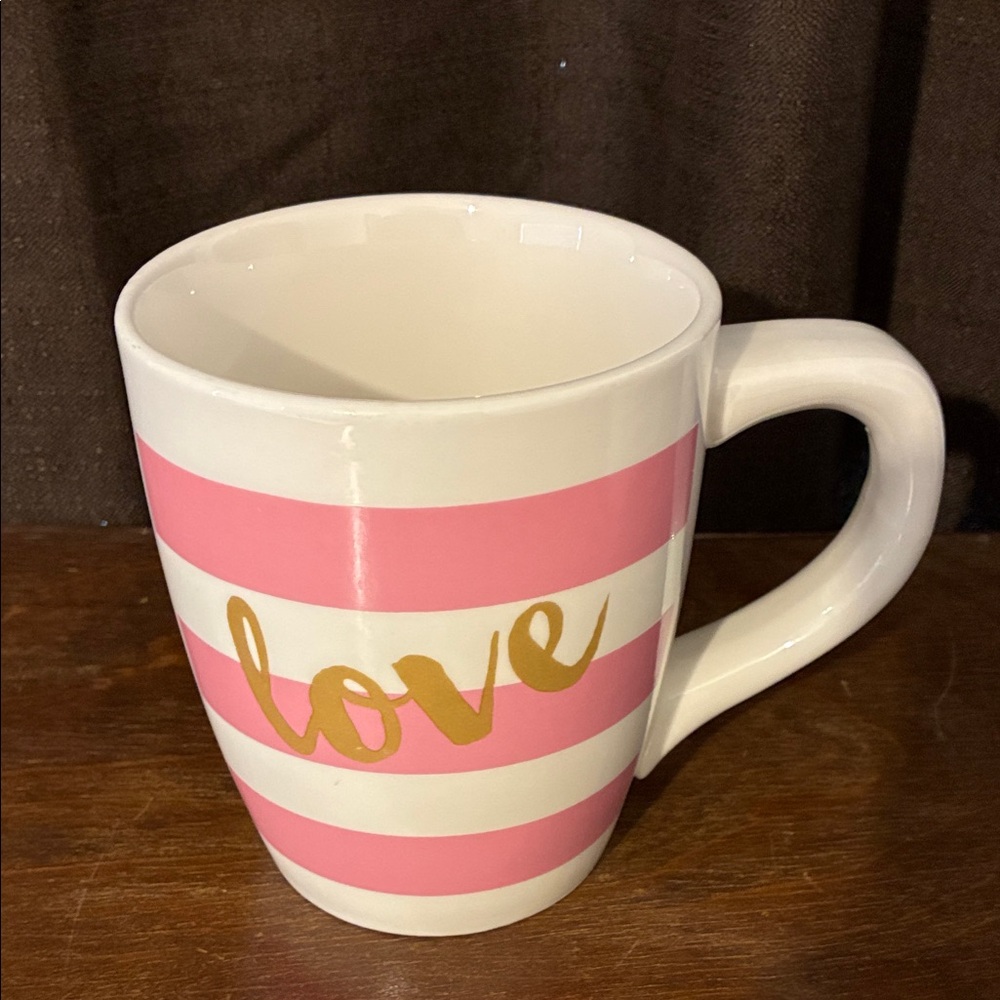 Pink and Gold Striped Mug with Love Design